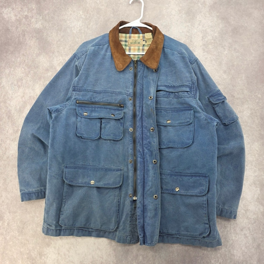 Vintage RedHead Lined Field Jacket Mens Large Blue Canvas Leather Collar Plaid - Picture 2 of 11